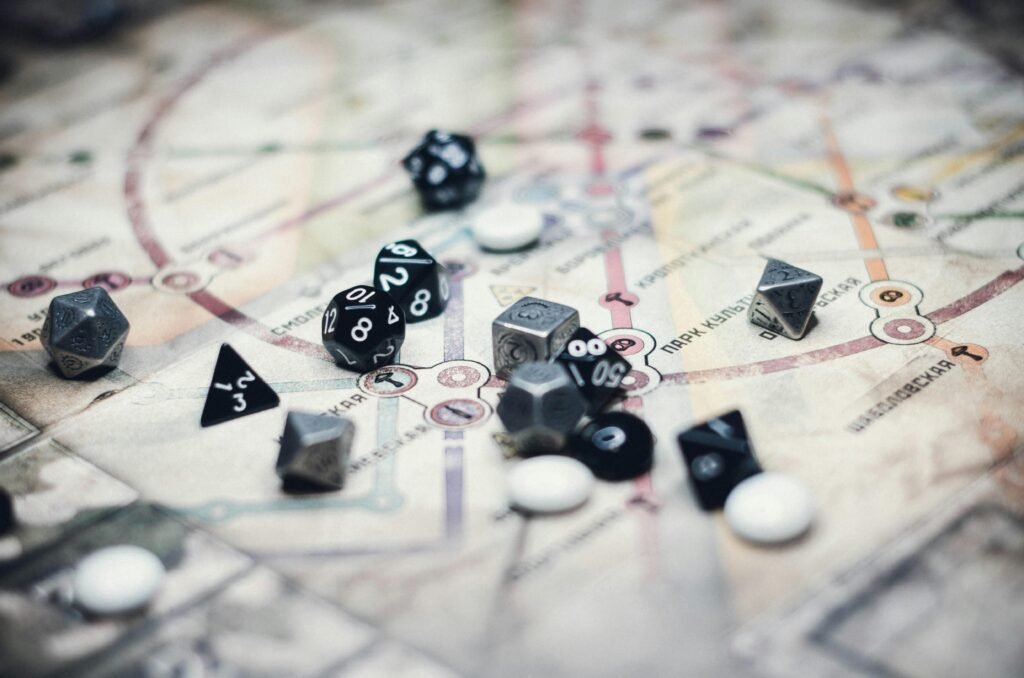 A collection of multi-sided dice on a detailed map, ideal for gaming enthusiasts